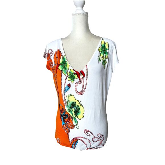 Alberto Makali Tops - Alberto Makali Size XL Top T Shirt Double V Neck Embellished Beaded Art To Wear